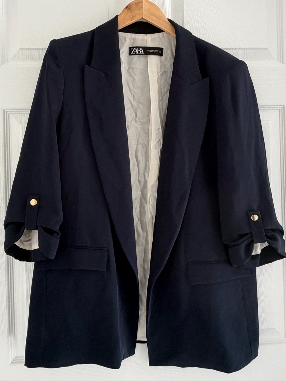 ZARA Navy Open-Front Relaxed Blazer with Rolled Sleeves